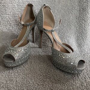 Thalia Sodi Glittering Silver Peep-Toe Heels